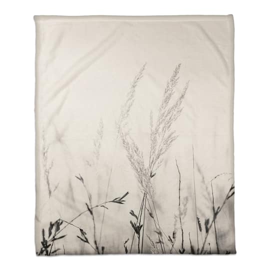 50" x 60" Black & White Field Grasses Coral Fleece Blanket